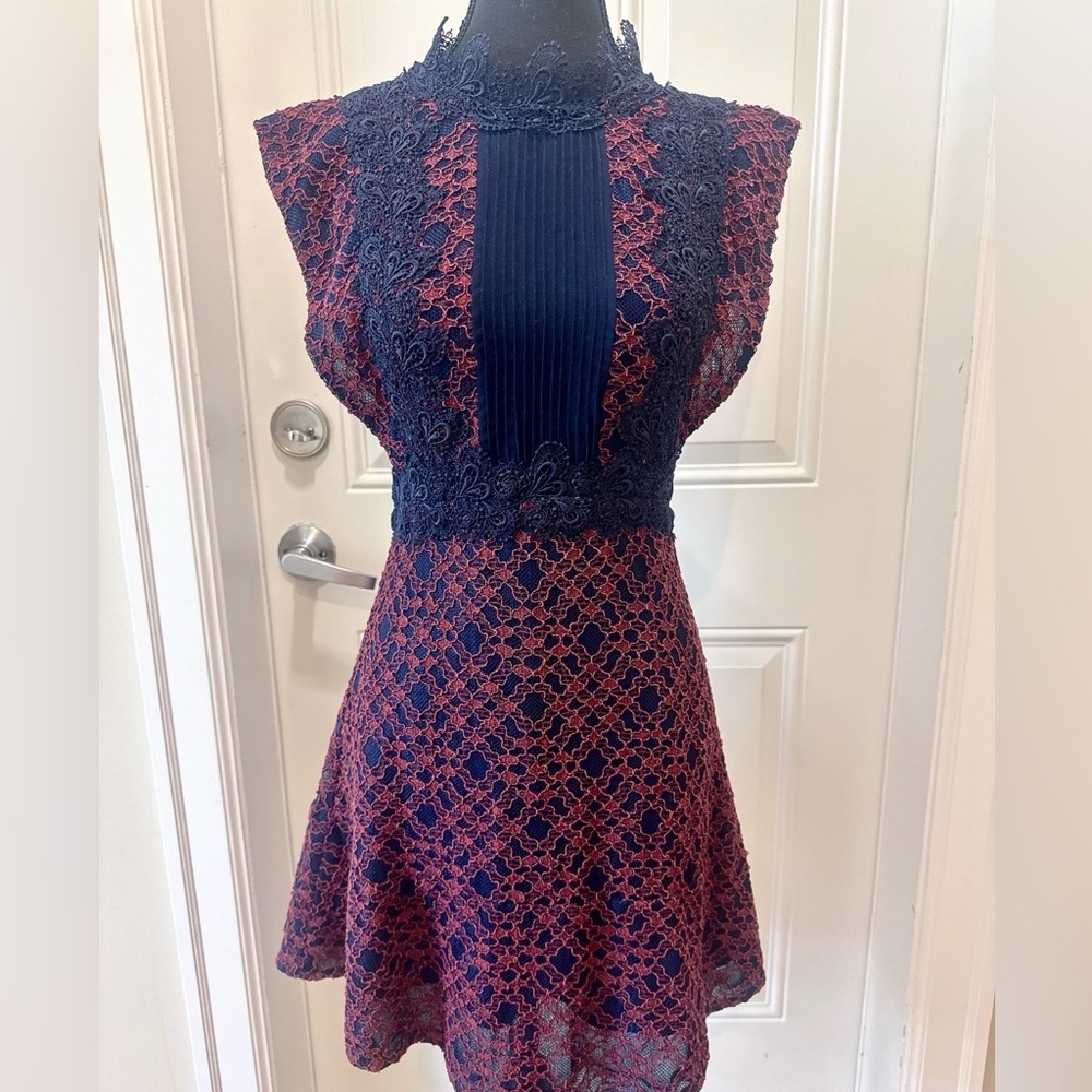 Sandro Blue Red A-Line Mini Dress Flutter Sleeves